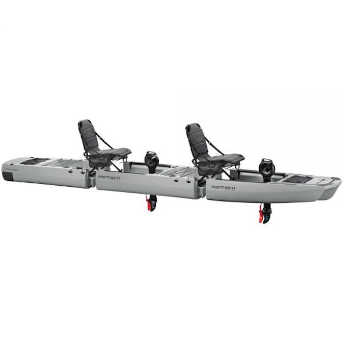 KingFisher Tandem Modular Fishing Kayak for Sale Gray version. This is a beautiful gray modular fishing kayak with 2 black seats and 2 black Impulse Pedal Drives. Black accents also on the front and rear platforms.