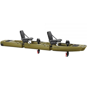 KingFisher Tandem Modular Fishing Kayak for Sale Moss Green version. It is a 3 piece modular fishing kayak for sale with 2 place seats and 2 black impulse drives.