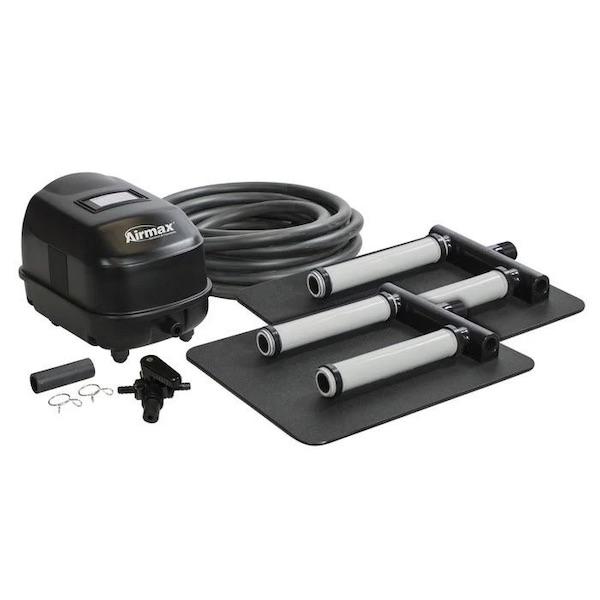 AirMax KoiAir 2 Aeration Kit.  The black aerator pump is shown along with a roll of the 3/8&quot; tubing.  The 2 black dual stick diffuser plates are also pictured, the diffusers are light gray.