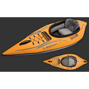 Advanced Elements Lagoon 1 Solo Inflatable Kayak top views of the orange and grey inflatable kayak. 