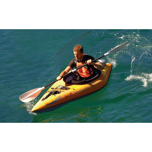 Orange Advanced Elements Lagoon 1 Solo Inflatable Kayak out on the water. 