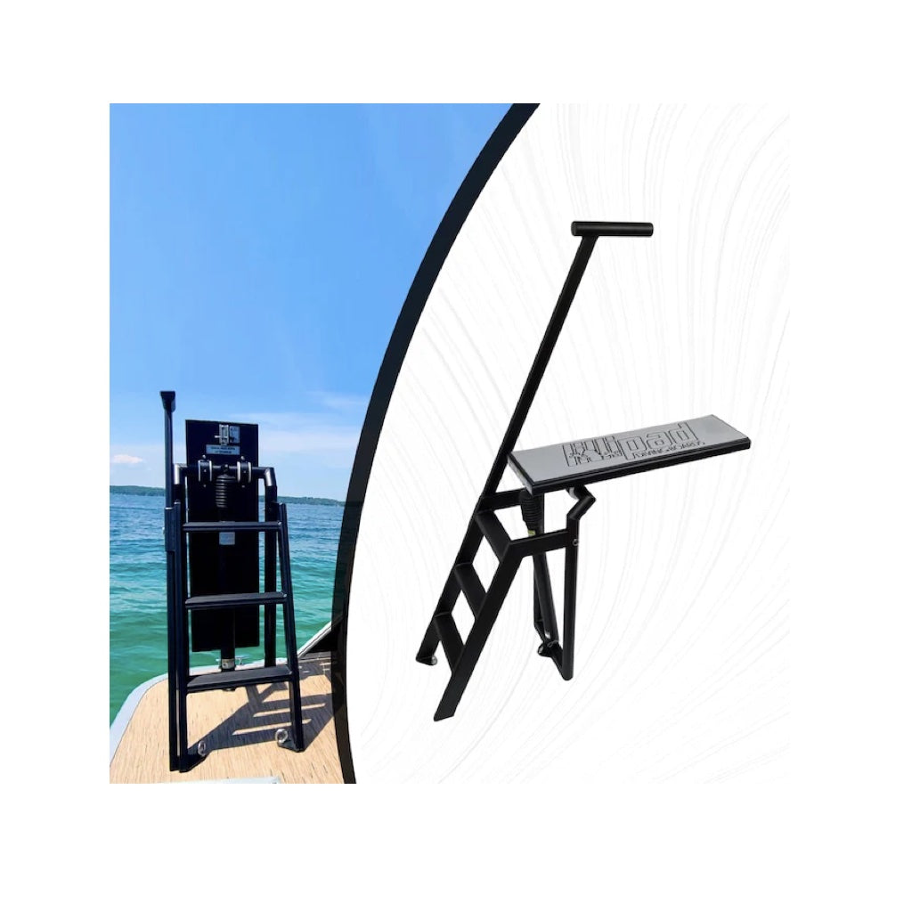 Lillipad Diving Board for Pontoon Boats with Black Powder-Coated Finish Storm Gray/Black Textured Foam Diving Board Underfloor Mount. The main color of the textured foam is a medium storm gray with black outline of the Lillipad Diving Board stenciled logo.