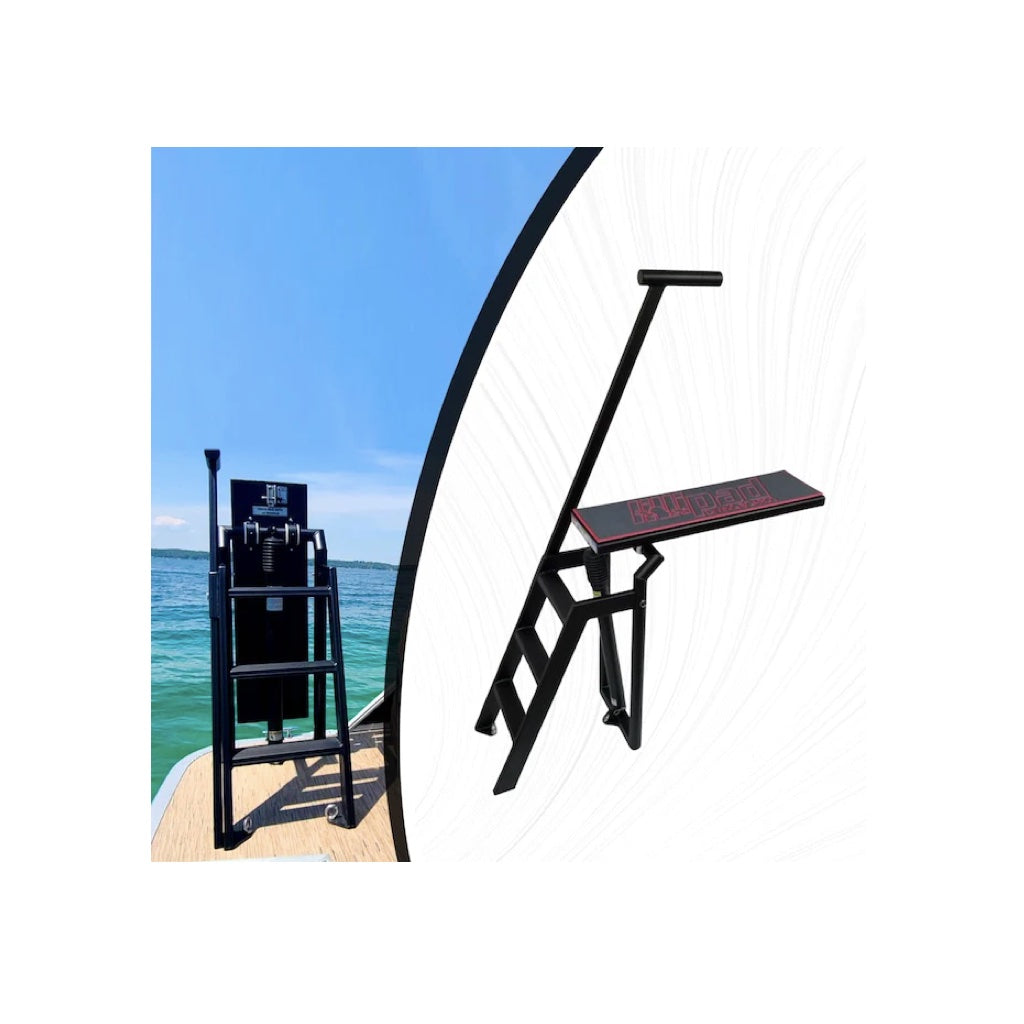Lillipad Diving Board for Pontoon Boats with Black Powder-Coated Finish Dark Gray/Ruby Red Textured Foam Diving Board Underfloor Mount. The main color of the textured foam is a dark gray with ruby red outline of the Lillipad Diving Board stenciled logo.