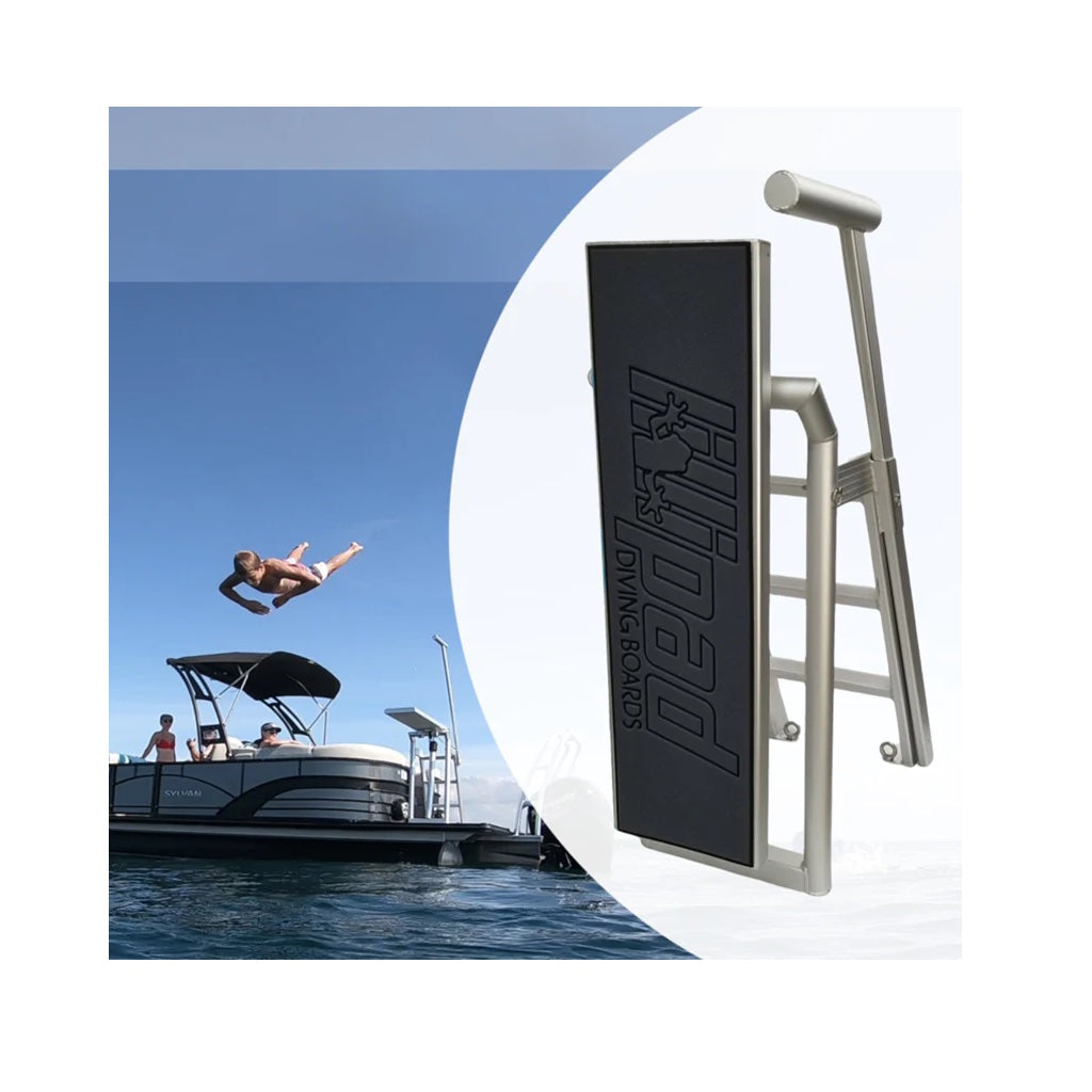 Lillipad Diving Board for Pontoon Boats with Silver-Anodized Dark Gray/Black Textured Foam Diving Board Underfloor Mount. The main color of the textured foam is a dark gray with black outline of the Lillipad Diving Board stenciled logo.