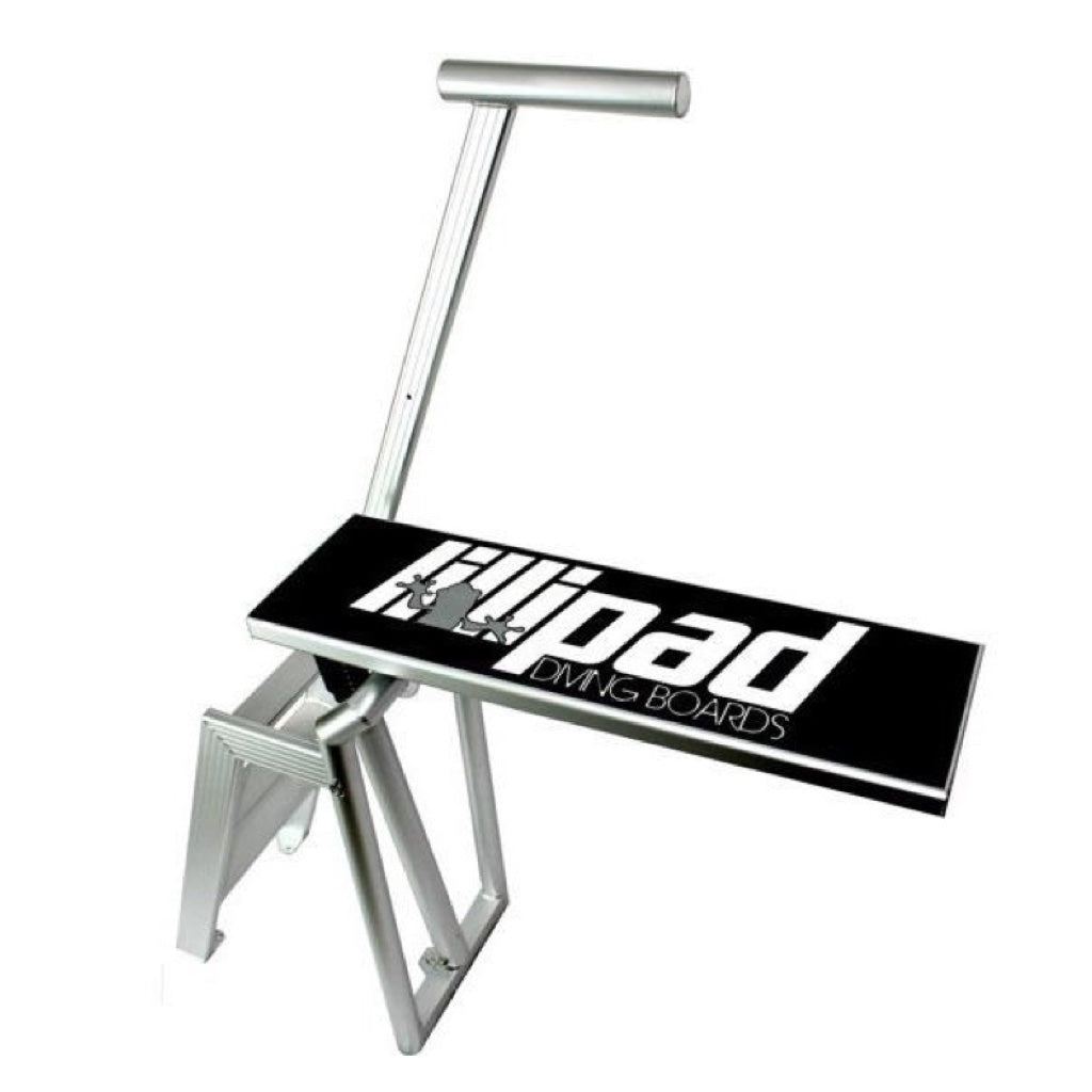 Lillipad Diving Board - Boat Diving Board Surface Mount. Aluminum stairs, handle, and frame with a black diving board surface featuring the Lillipad Diving Board logo on top.
