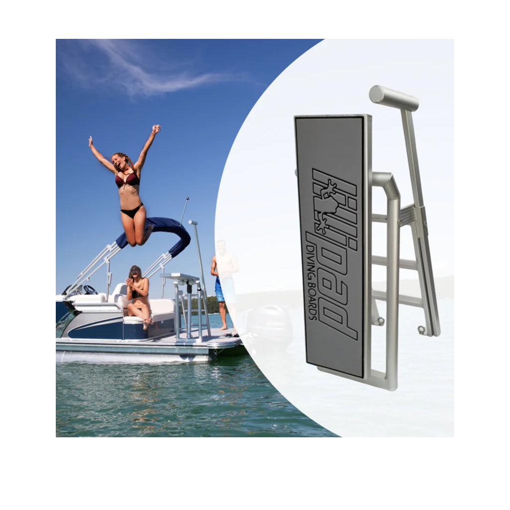 Lillipad Diving Board for Pontoon Boats with Silver-Anodized Storm Gray/Black Textured Foam Diving Board Underfloor Mount. The main color of the textured foam is a medium storm gray with black outline of the Lillipad Diving Board stenciled logo.