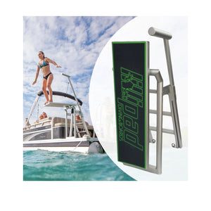 Lillipad Diving Board for Pontoon Boats with Silver-Anodized Dark Gray/Island Green Textured Foam Diving Board Underfloor Mount. The main color of the textured foam is a dark gray with Island green outline of the Lillipad Diving Board stenciled logo.