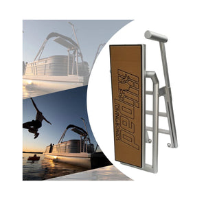 The Lillipad Pontoon Boat Diving Board is shown with the silver aluminum frame and mocha and black textured foam jump surface.