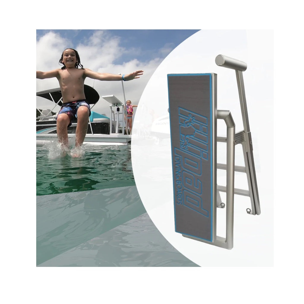 Lillipad Diving Board for Pontoon Boats with Silver-Anodized Storm Gray/Bahama Blue Textured Foam Diving Board Underfloor Mount. The main color of the textured foam is a medium storm gray with Bahama Blue outline of the Lillipad Diving Board stenciled logo.