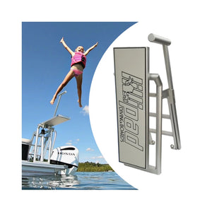Lillipad Diving Board for Pontoon Boats with the Silver-Anodized Cool Gray/Dark Gray Textured Foam Diving Board Underfloor Mount. The main color of the textured foam is a light cool gray with dark gray outline of the Lillipad Diving Board logo.