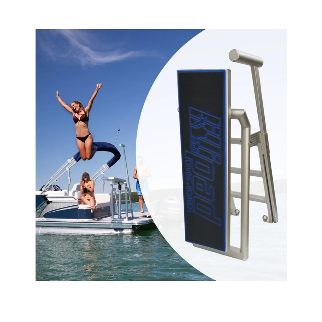 Lillipad Diving Board for Pontoon Boats with Silver-Anodized Dark Gray/Bimini Blue Textured Foam Diving Board Underfloor Mount. The main color of the textured foam is a dark gray with Bimini Blue outline of the Lillipad Diving Board stenciled logo.