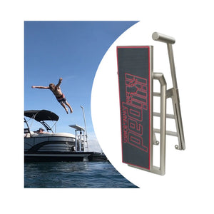 Lillipad Diving Board for Pontoon Boats with Silver-Anodized Dark Gray/Ruby Red Textured Foam Diving Board Underfloor Mount. The main color of the textured foam is a dark gray with ruby red outline of the Lillipad Diving Board stenciled logo.