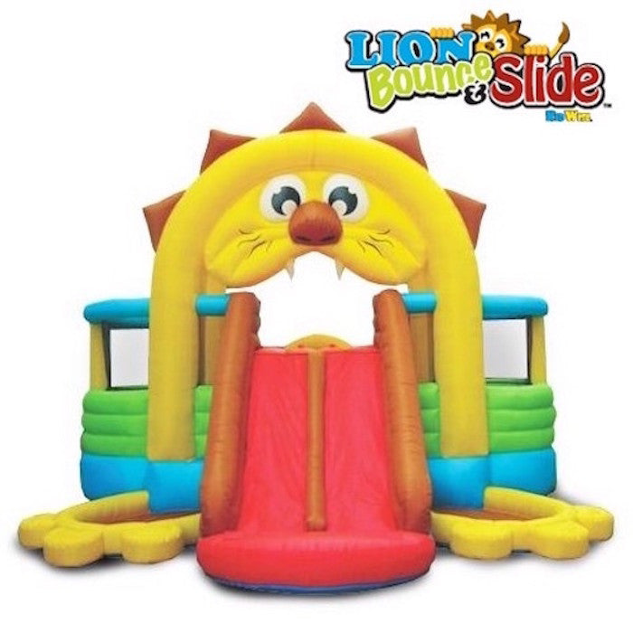 KidWise Lion&#39;s Den Bounce House front view of the Lion KidWise Bounce House with the Lions red tongue being the dual slide.  The color scheme of the KidWise Bounce House showcases the yellow lions mane and and brown hair. | KidWise Bouncer