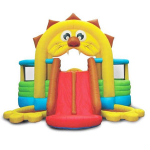 KidWise Lions Den Bounce House front view of the Lion KidWise Bounce House with the Lions red tongue being the dual slide.  The color scheme of the KidWise Bounce House showcases the yellow lions mane and and brown hair. | KidWise Bouncer | KidWise Inflatable Bouncer