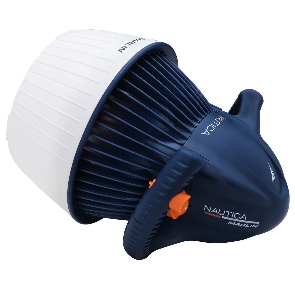 Marlin Right Side Full View with blue body and white bottom. It has an orange propeller.