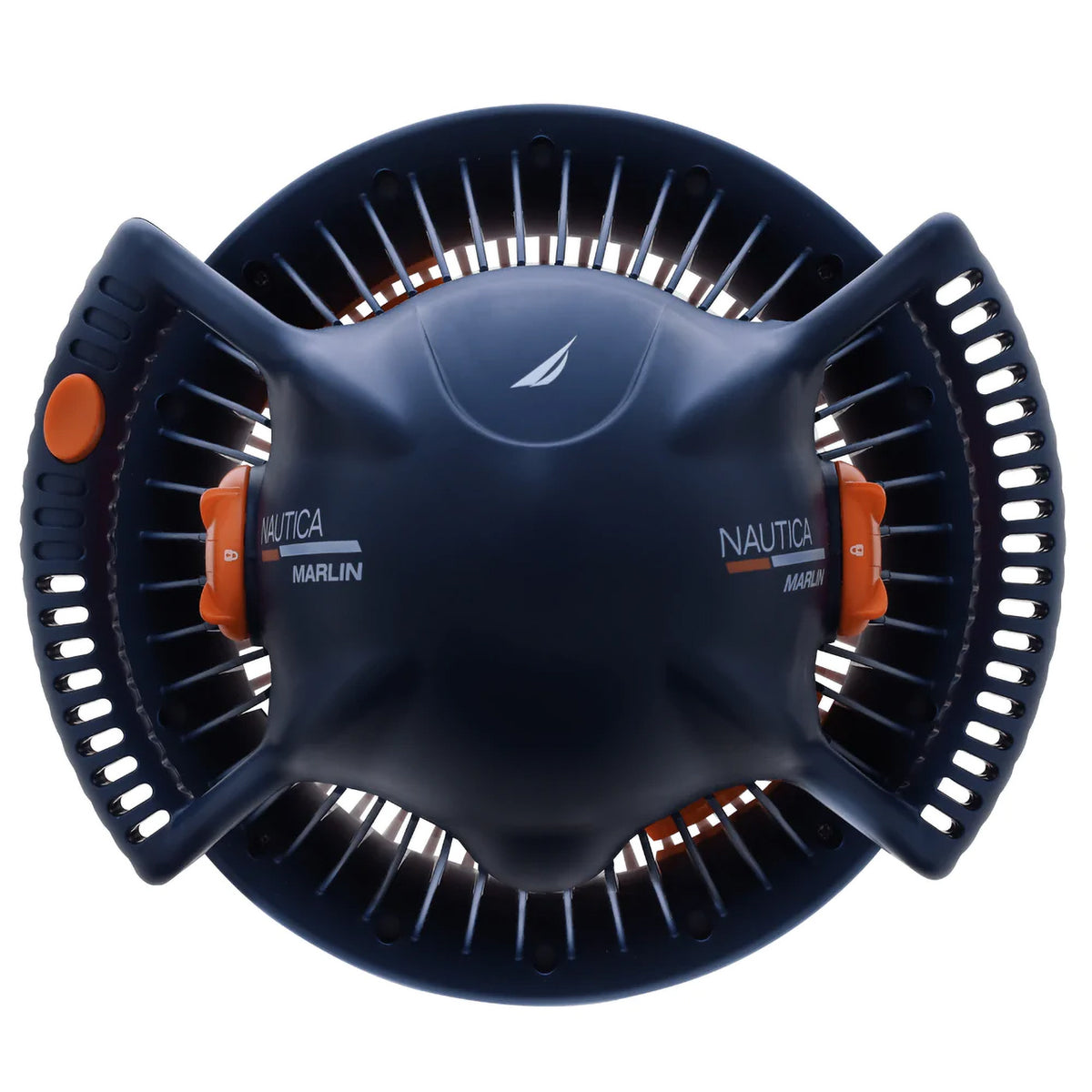 Marlin Top Full View of Handles with blue body and white bottom. It has an orange propeller.