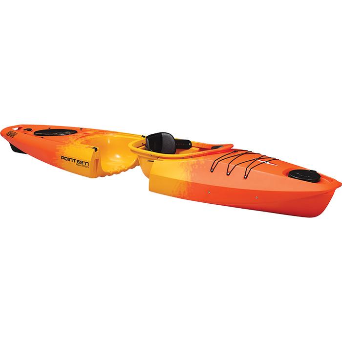 Point 65 Martini GTX Solo Modular Sit In Kayak Orange and yellow model.  The modular kayak is in 2 sections, separated in this image.