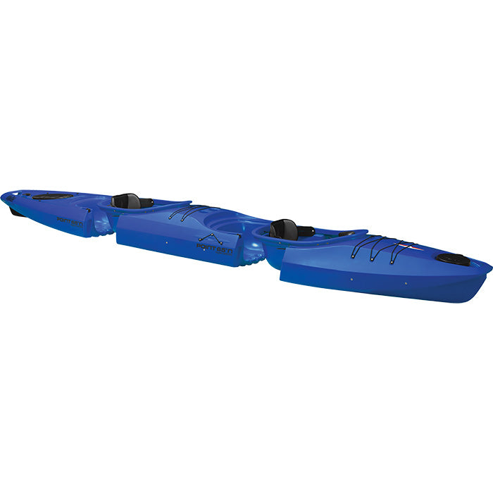 The Point 65 Martini Tandem Modular Kayak. The modular kayak is blue and has the 3 sections slightly separated. It is a tandem sit in kayak, or 2 person sit in kayak.