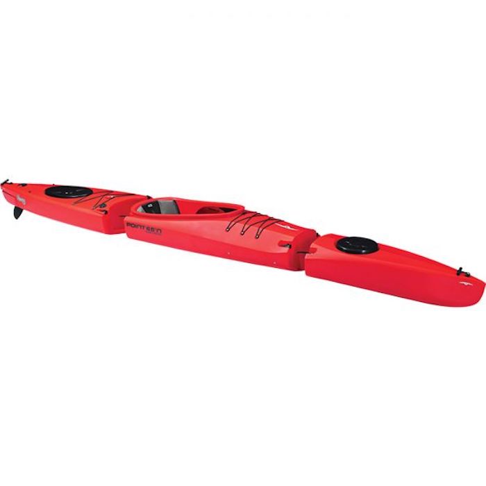 Red Point 65 Mercury GTX 1 Person Modular Kayak.  This red solo kayak is shown from the side and top view.  There are black bungee cords, rudder, storage top, and pad on the kayak.  The sit in kayak is a 3 piece solo modular kayak.