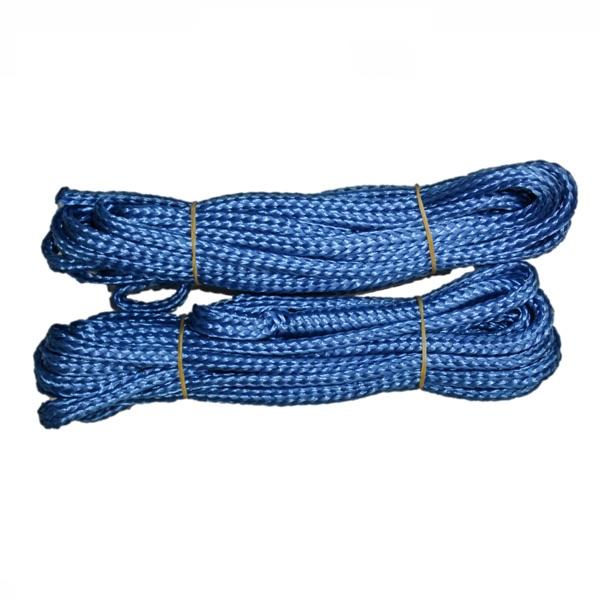 Blue mooring lines for Bearon Aquatics Ice Eater.  Lines are shown neatly wound up and wrapped up.