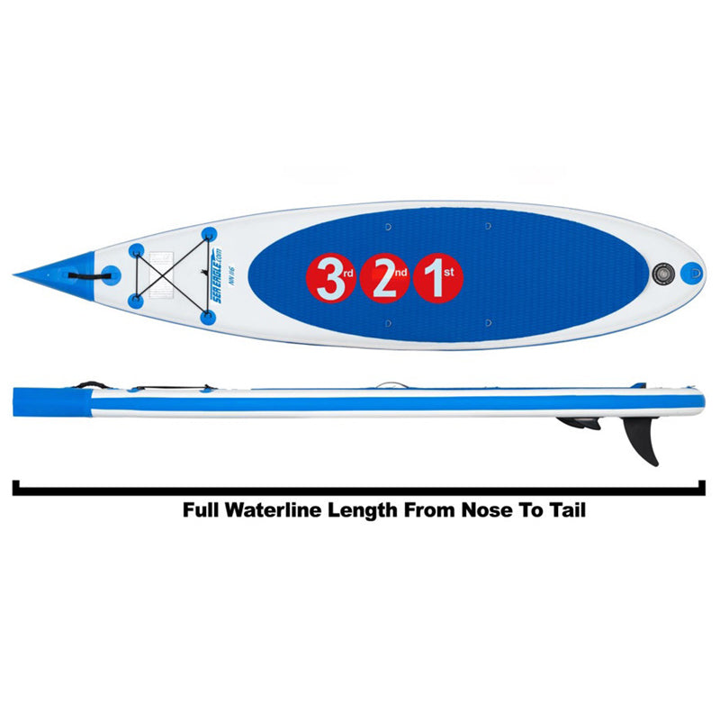 Sea Eagle NeedleNose 126 Inflatable SUP top view and side view features displayed.