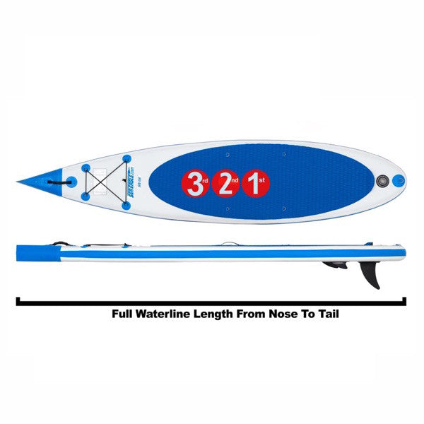 Sea Eagle NeedleNose 14 Inflatable SUP top view and side view with highlighted features. 
