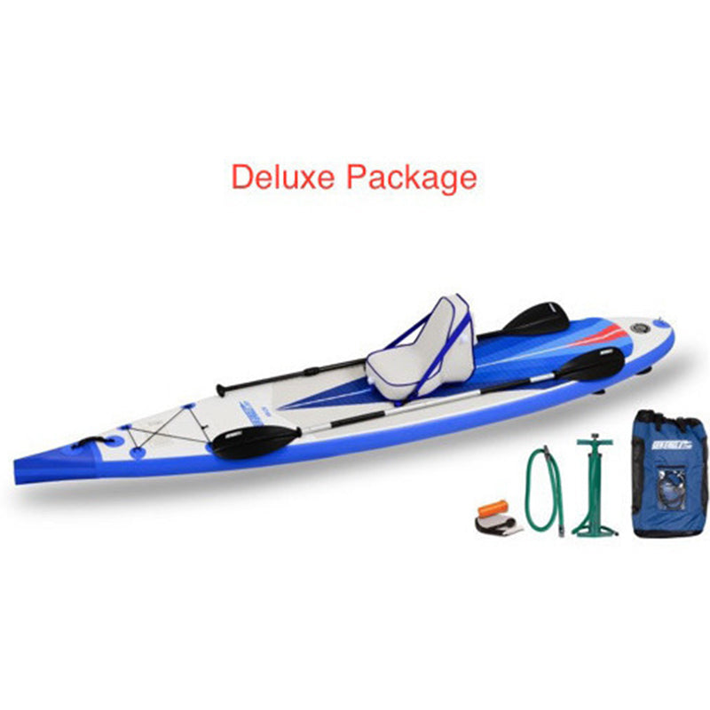 Sea Eagle NeedleNose 126 Inflatable SUP Deluxe Package top display view with the bag and pump sitting next to the Sea Eagle inflatable SUP.