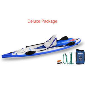 Sea Eagle NeedleNose 126 Inflatable SUP Deluxe Package top display view with the bag and pump sitting next to the Sea Eagle inflatable SUP.