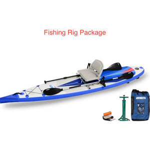 Sea Eagle NeedleNose 126 Inflatable SUP Fishing Rig top display view with the bag and pump sitting next to the Sea Eagle inflatable SUP.
