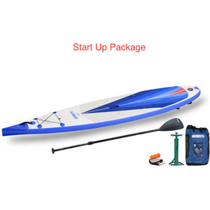 Sea Eagle NeedleNose 126 Inflatable SUP Start Up Package top display view with the bag and pump sitting next to the Sea Eagle inflatable SUP.