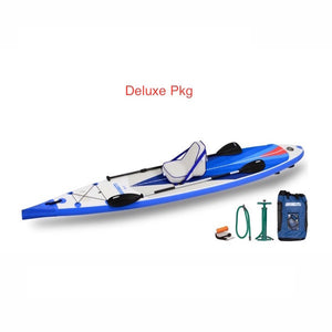 Sea Eagle NeedleNose 14 Inflatable SUP Deluxe Package top display view with the bag and pump sitting next to the Sea Eagle inflatable SUP. 