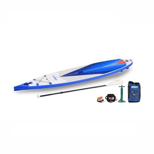 Sea Eagle NeedleNose 14 Inflatable SUP top display view with the bag and pump sitting next to the Sea Eagle inflatable SUP. 