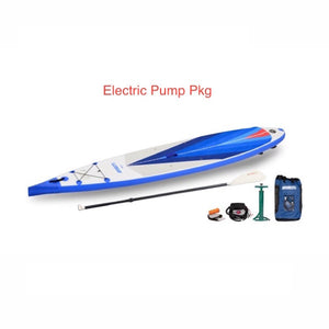 Sea Eagle NeedleNose 14 Inflatable SUP Electric Pump Package top display view with the bag and pump sitting next to the Sea Eagle inflatable SUP. 