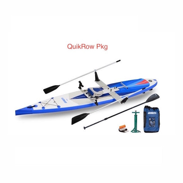 Sea Eagle NeedleNose 14 Inflatable SUP QuikRow Package top display view with the bag and pump sitting next to the Sea Eagle inflatable SUP. 