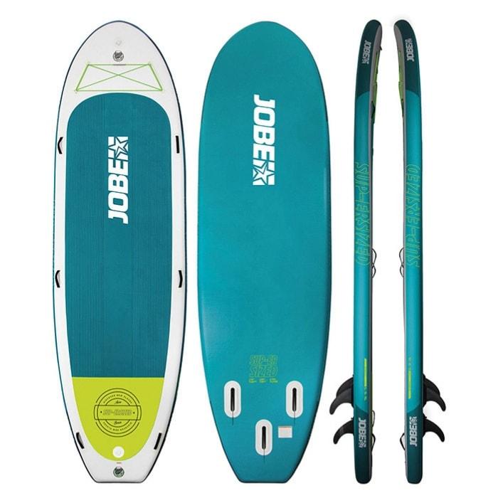 Jobe SUP'ersized 15.0 Inflatable Paddle Board. Teel, yellow, and white.