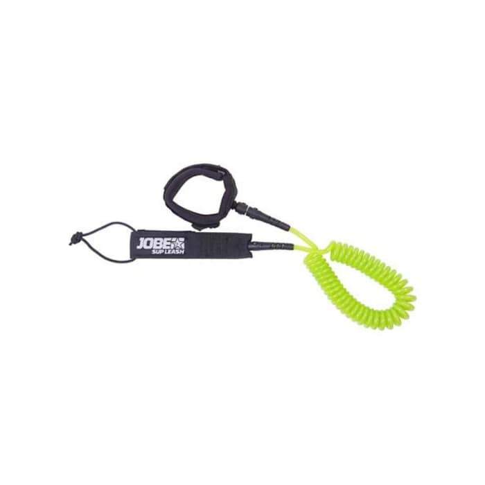 Jobe SUP Leash Coiled - Bright Yellow coiled leash, black ankle wrap, and black SUP connection.