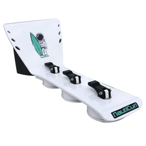 NautiCurl Flex Wake Shaper. White with black and teal accents. Astronaut with wakesurf board is the logo on the flipped out edge that creates the wake.