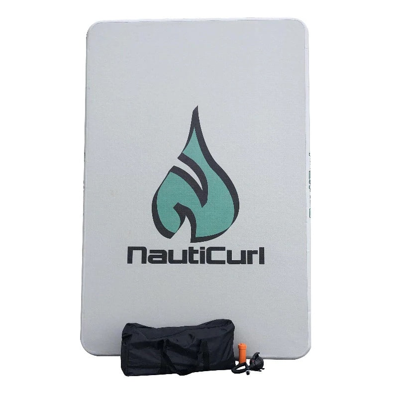NautiPad Inflatable Swim Mat with black duffle storage bag. NautiCurl logo is teal with black outline. It is on the front of the water mat.