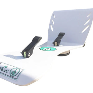 NautiCurl Wakesurfing Wake Shaper. White with black suction cup and handles. Teal logo on the front.