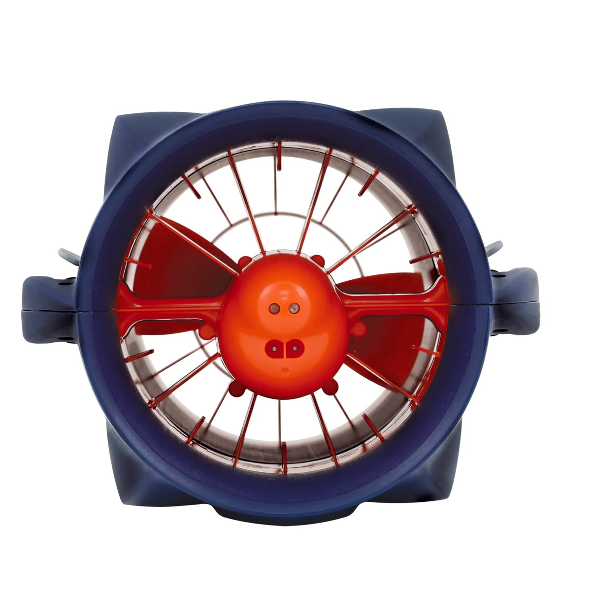 Nautica Guppy Sea Scooter for Sale head on view. Orange propller is prominant with the navy body outlining it.