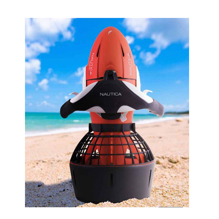 Nautica Marine 300 Sea Scooter with orange body and black bottom. It has a white propeller.