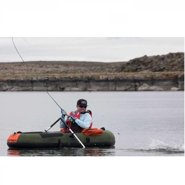 Sea Eagle PackFish7 Inflatable Fishing Boat top view display.  Hunter green with hunter orange highlights. 