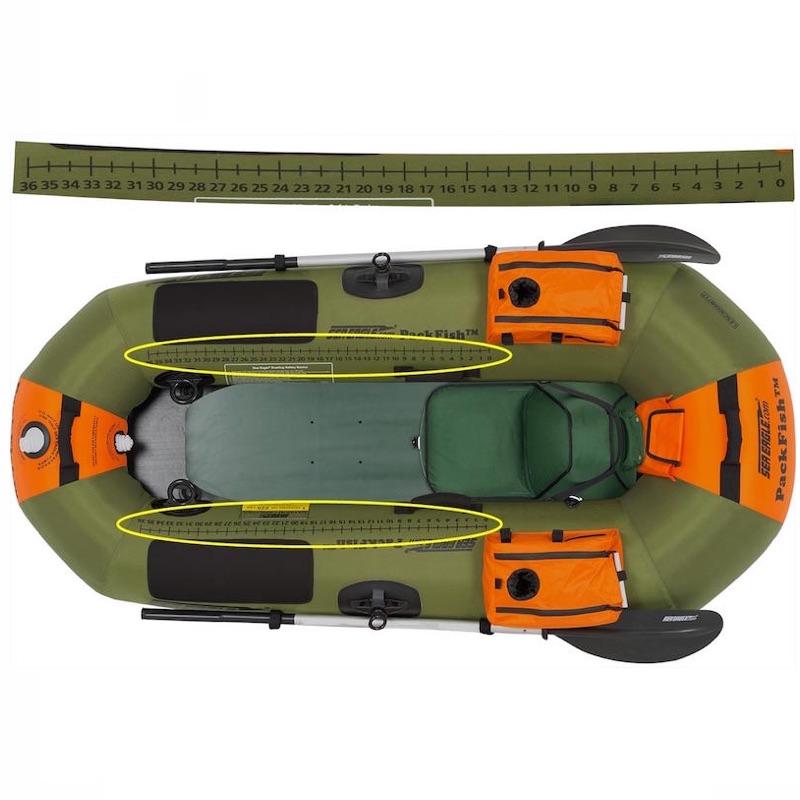 Top view of the green and orange Sea Eagle PackFish7 Inflatable Fishing Boat