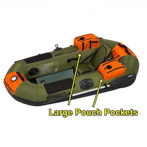 Sea Eagle PackFish7 Inflatable Fishing Boat top view with Pouch Pockets pointed out and highlighted. 