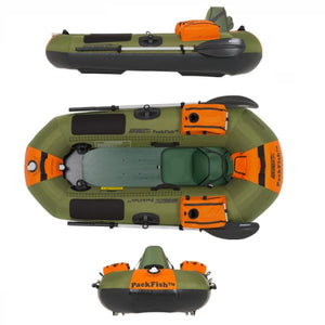Sea Eagle PackFish7 Inflatable Fishing Boat side view, Top View, and Front View. 