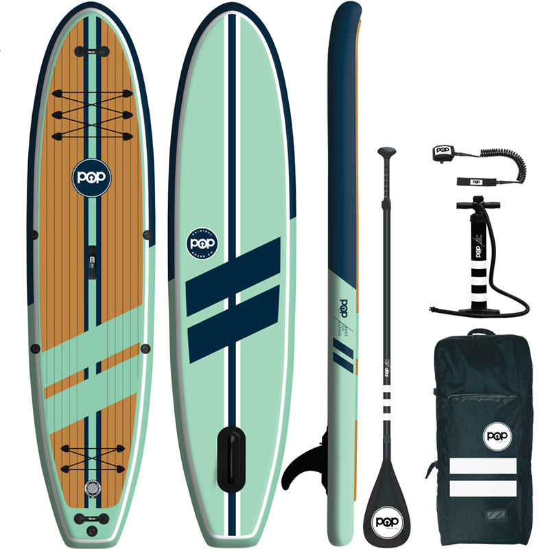 Yacht Hopper SUP Teak/Blue/Mint full view of the kit inclusions: POP Paddleboard, High Roller Backpack with wheels, adjustable 3-piece paddle, dual action pump and 10' Coiled Leash.