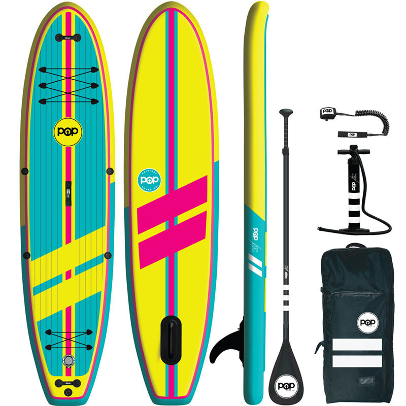 Yacht Hopper SUP Turq/Pink/Yellow full view of the kit inclusions: POP Paddleboard, High Roller Backpack with wheels, adjustable 3-piece paddle, dual action pump and 10' Coiled Leash.