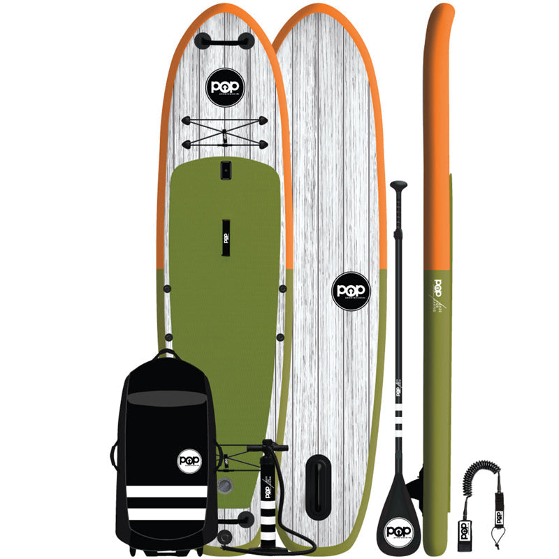 El Capitan 11&#39;6&quot; Inflatable SUP Green/Orange full view of inclusions and paddleboard design