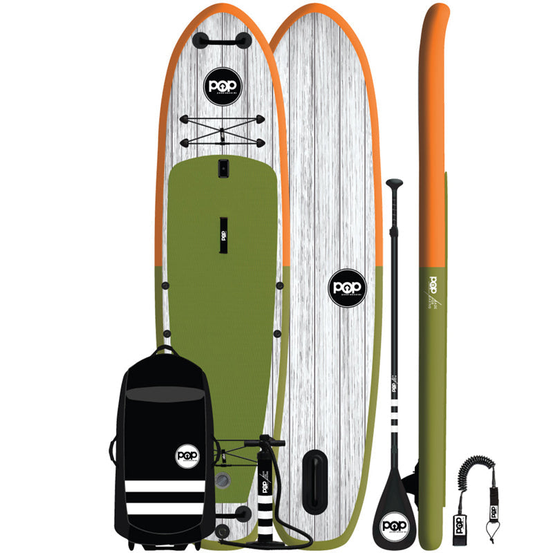 El Capitan 11'6" Inflatable SUP Green/Orange full view of inclusions and paddleboard design