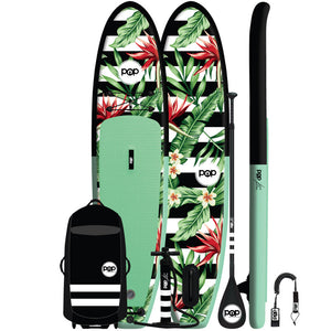 Royal Hawaiian SUP Mint-Black full view of the kit inclusions: POP Paddleboard, High Roller Backpack, adjustable 3-piece paddle, dual action pump and 10' Coiled Leash.